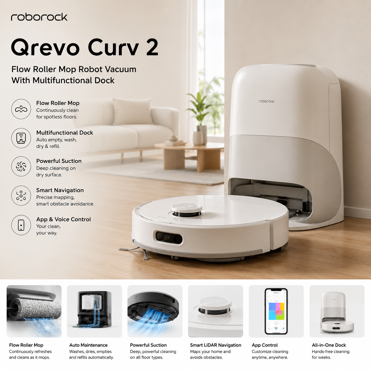 Roborock Qrevo Curv 2 Flow Roller Mop Robot Vacuum With Multifunctional Dock