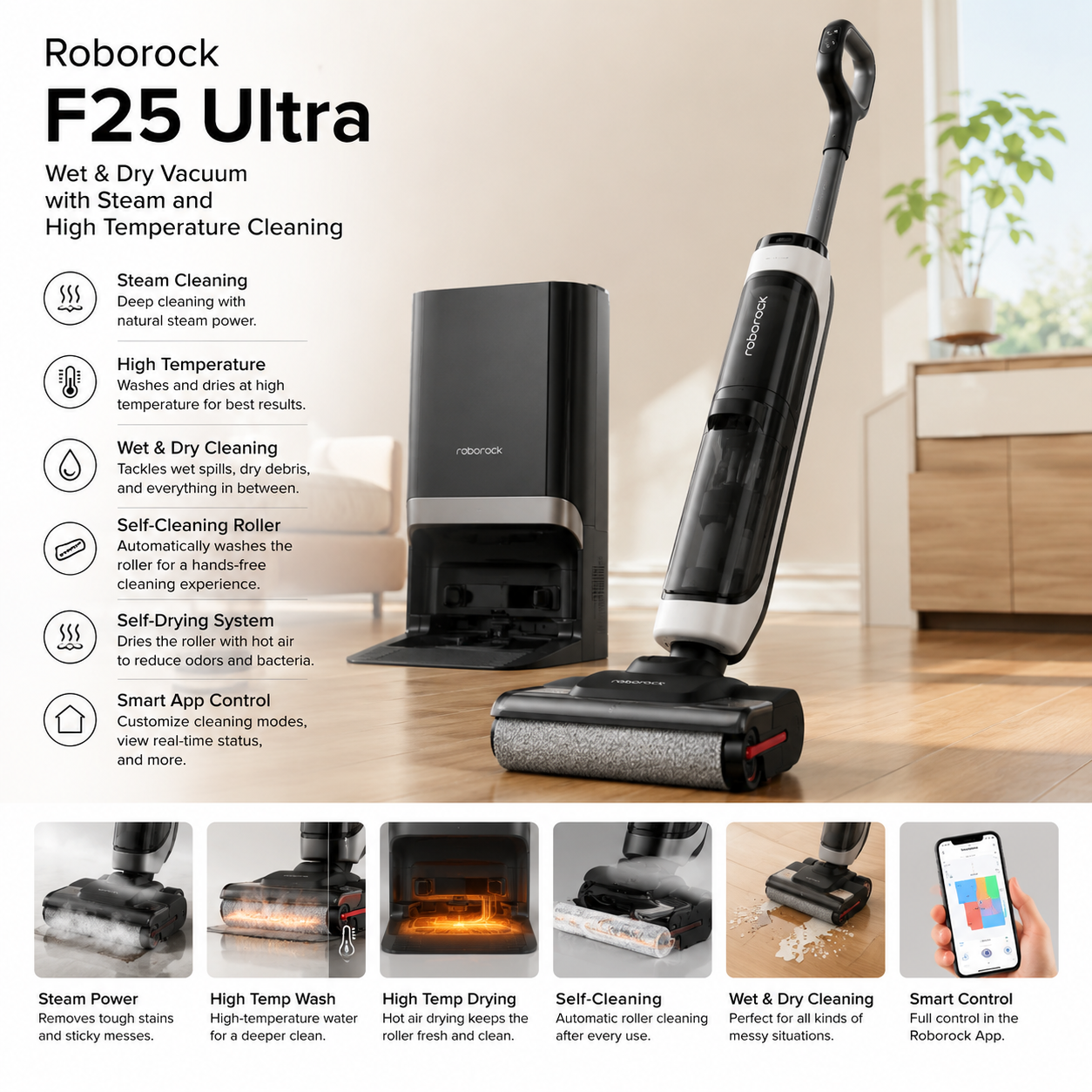 Roborock F25 Ultra Wet & Dry Vacuum with Steam and High Temperature Cleaning