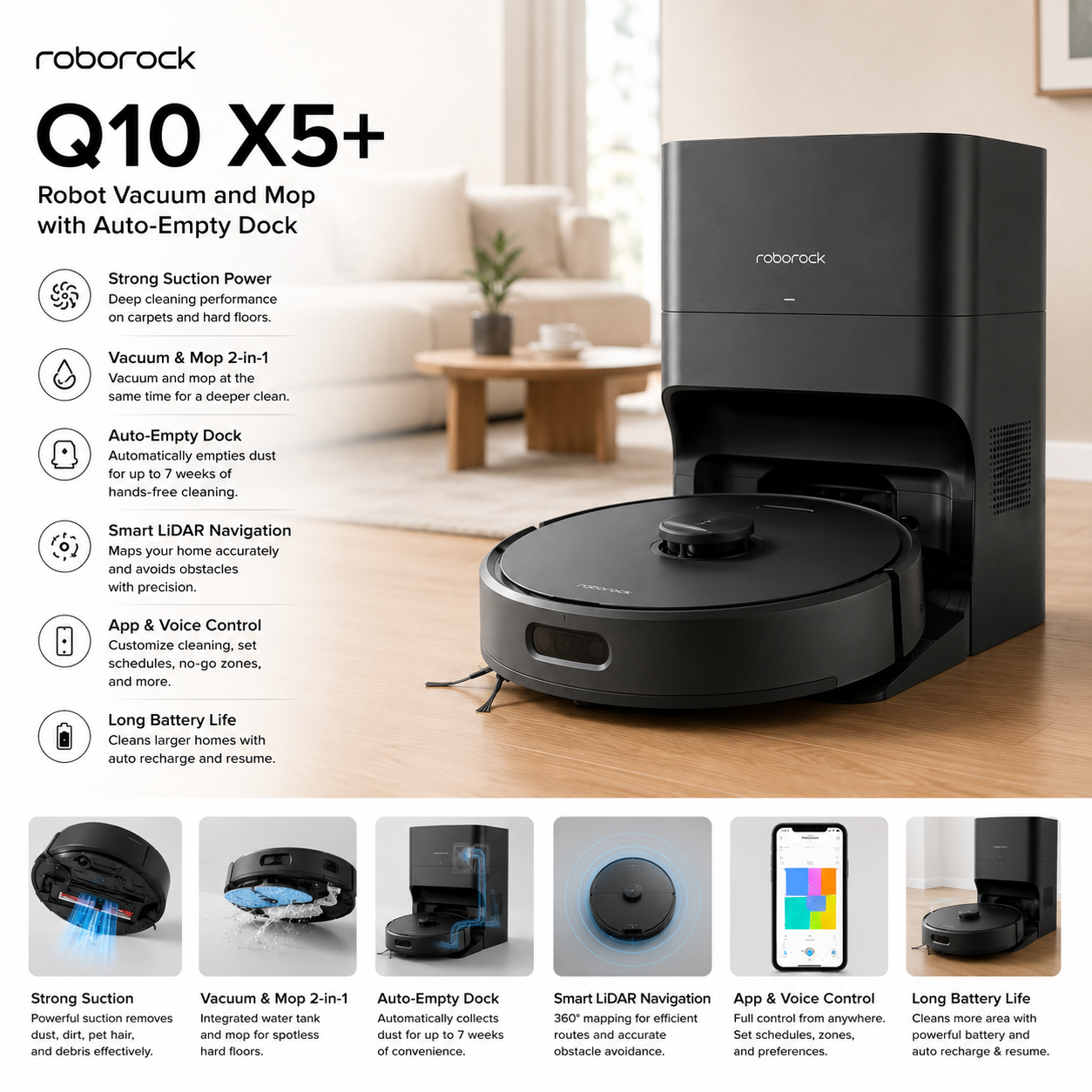 Roborock Q10 X5+ Robot Vacuum and Mop with Auto-Empty Dock