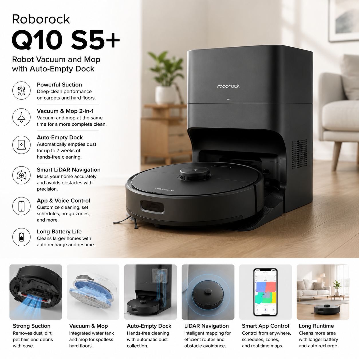 Roborock Q10 S5+Robot Vacuum and Mop WITH auto-Empty Dock